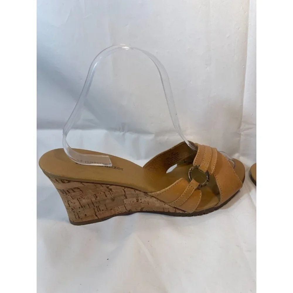 NATURALIZER Womens Brown Slide Sandals Size 9.5  Leather Wedge Heel Open Toe